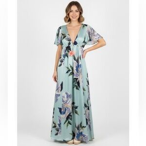 Show Me Your Mumu Faye Flutter Blue Floral Satin Maxi Dress